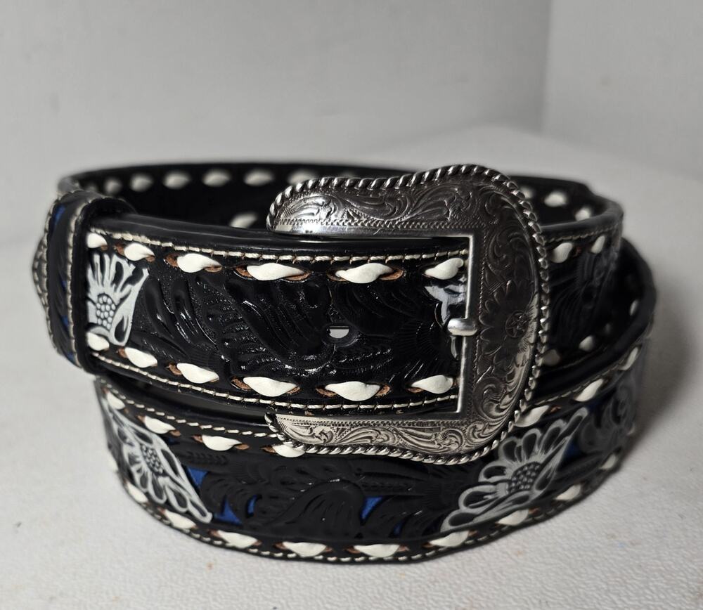 Nacona Tooled Woven Edge Leather Belt Mens Black with Gray/Blue Accents Size 40